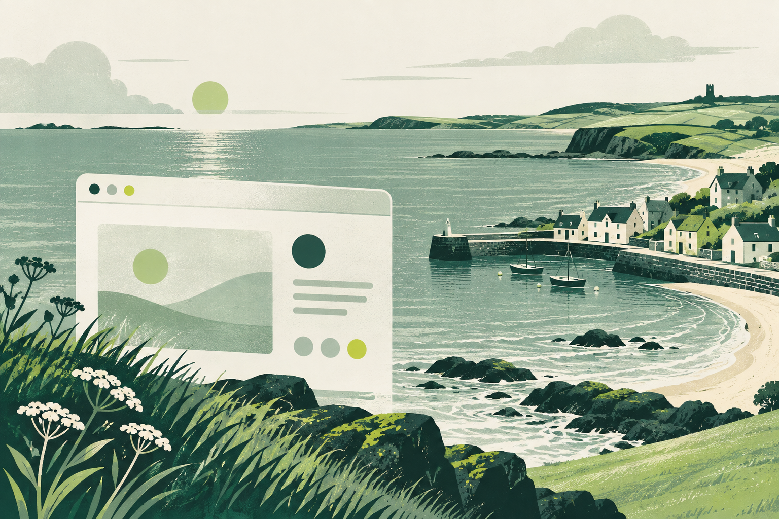 Illustration of a Fife-inspired coastal village with a website window overlooking the sea